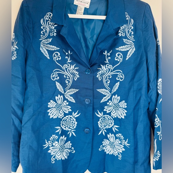 victor costa occasion Jackets & Blazers - Victor Costa Occasion Blue Linen Blend Embroidered Floral Blazer L